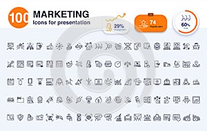 100 Marketing line icon for presentation. Included icons as social media,Â digital marketing, advertise, report, data and more.